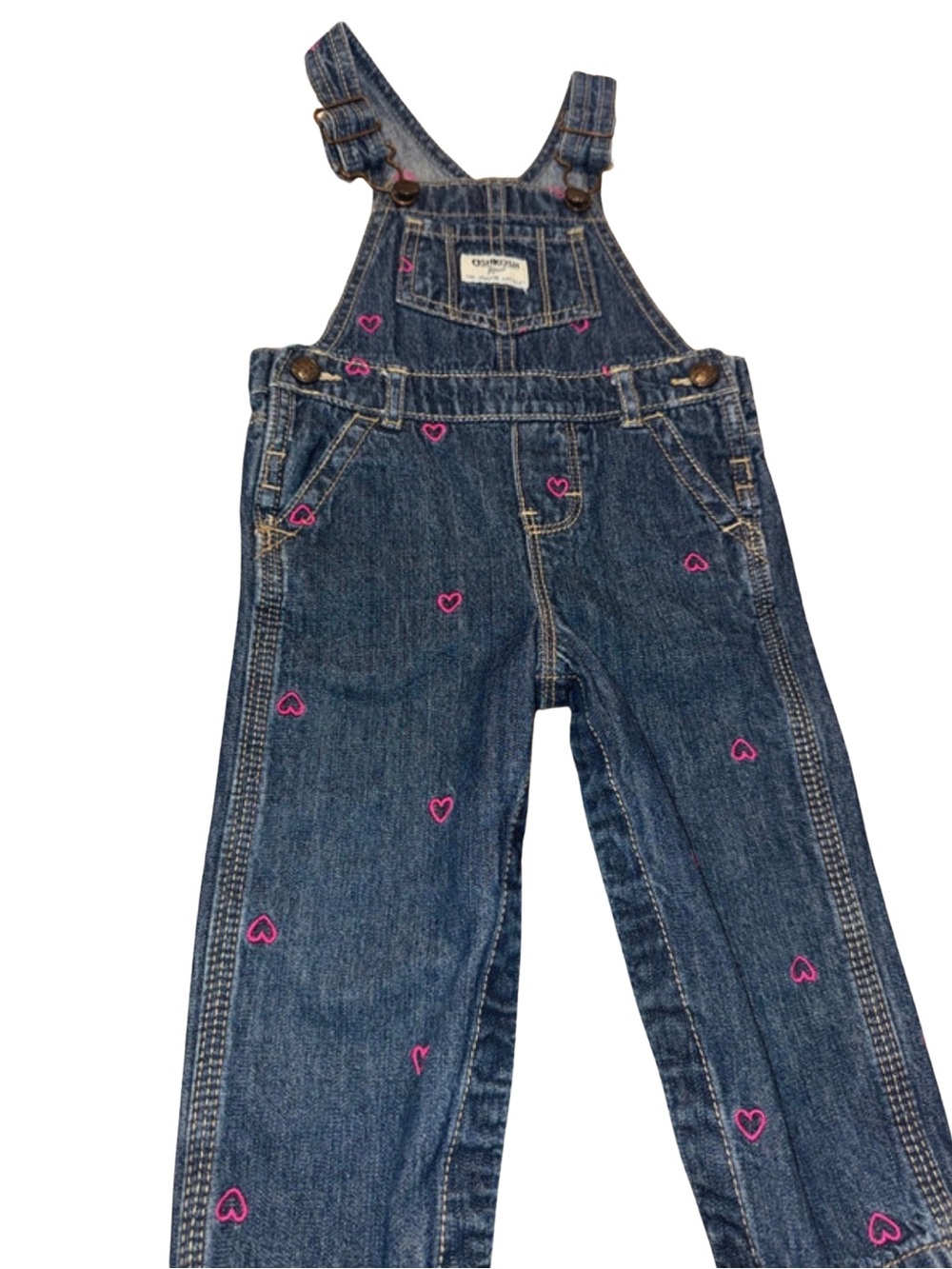 OshKosh B'gosh Dark Blue Denim Overalls with Embroidered Pink Hearts Size 12M